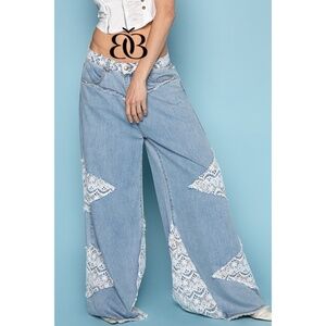 POL Vintage Washed Crochet Patched Straight Wide Leg Slouch Jeans